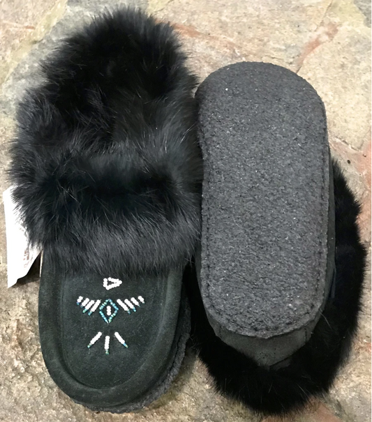 Classic Fur Moccasin with Rubber Sole in Black