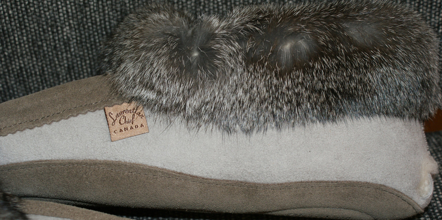 Sheepskin Slippers with Rabbit Fur Trim-Grey