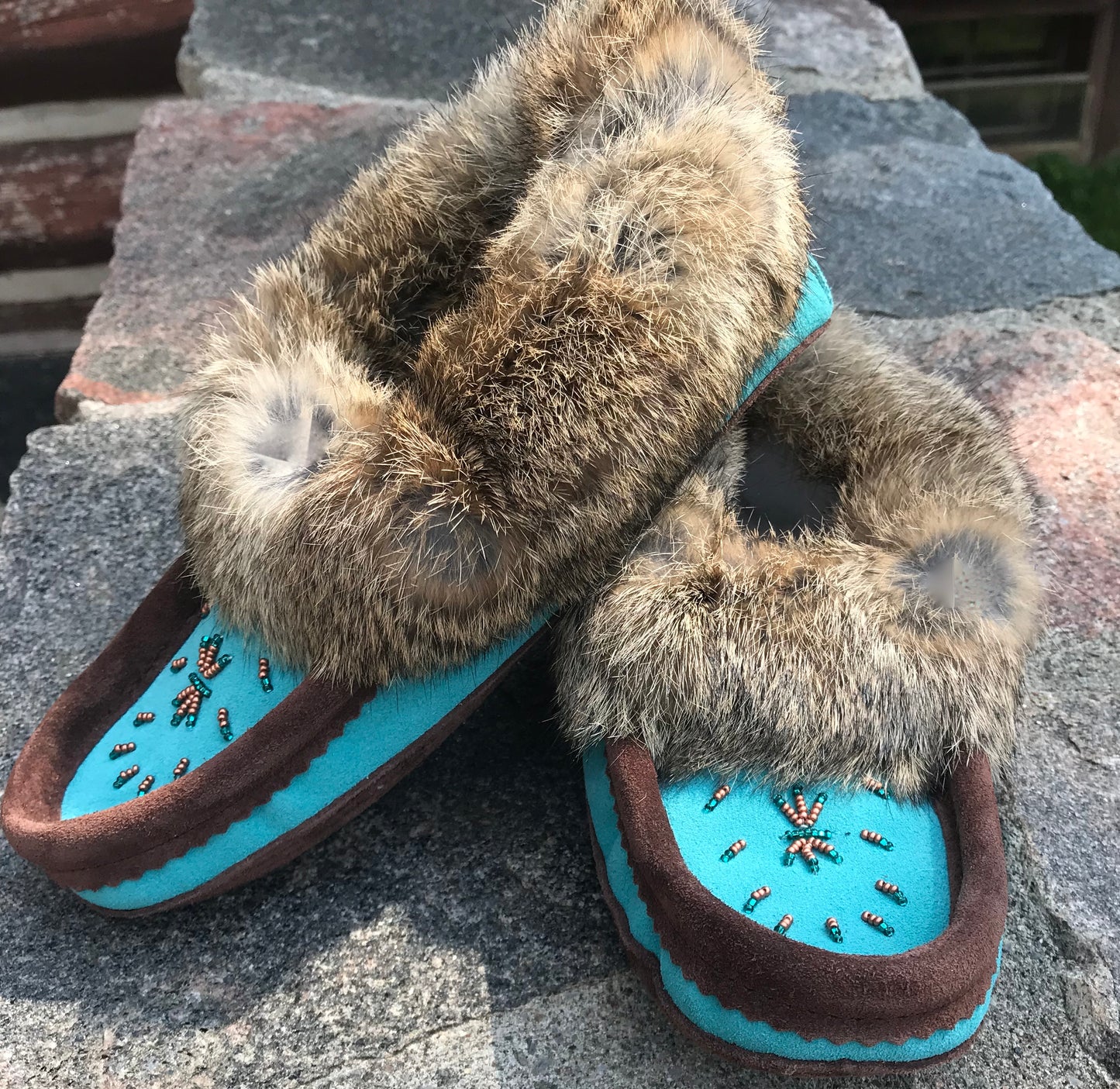 2-Tone Classic Fur Moccasins-Chocolate/Turquoise