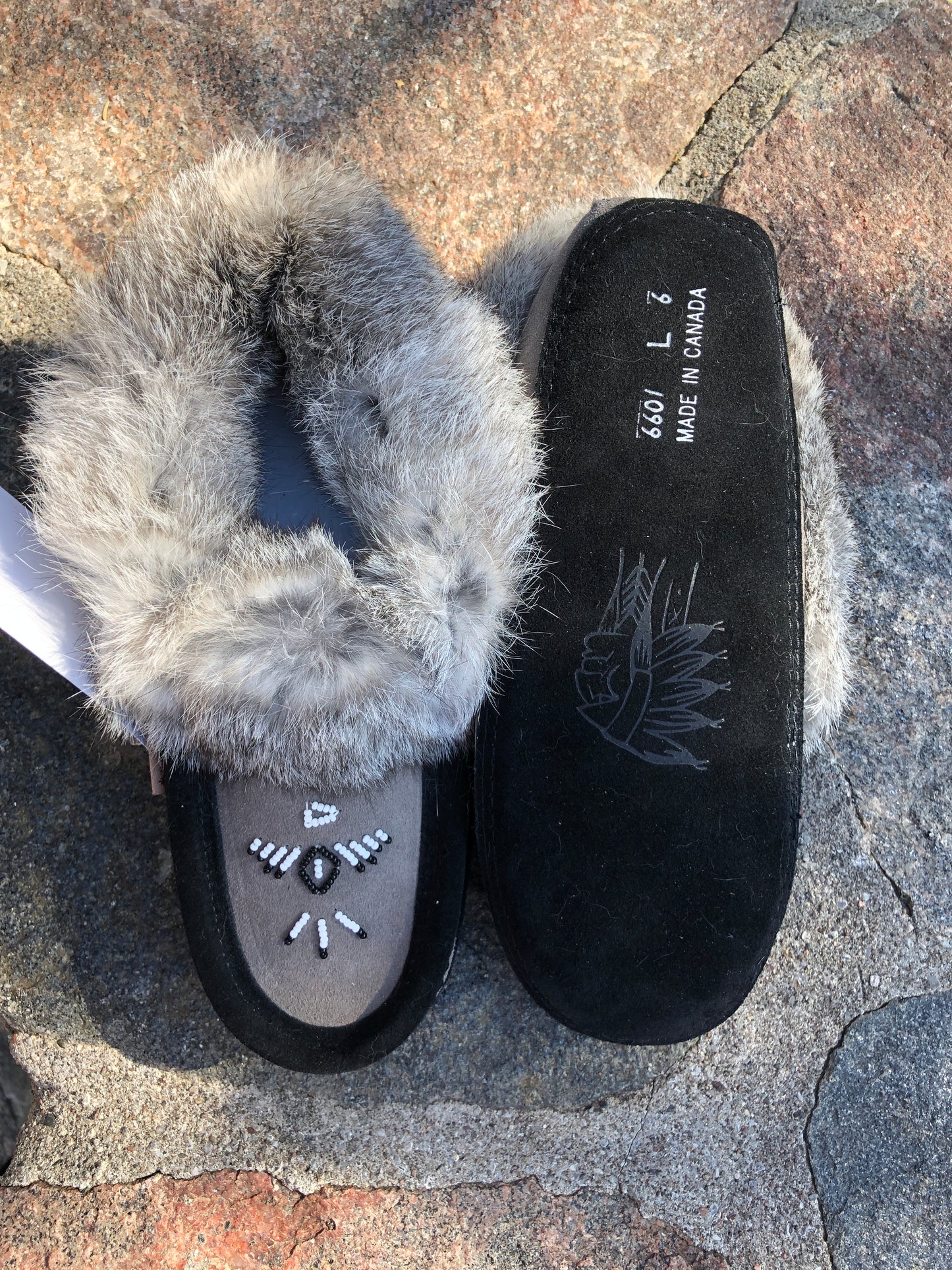 2-Tone Classic Rabbit Fur Moccasin, Grey/Black – Whetung Ojibwa Centre