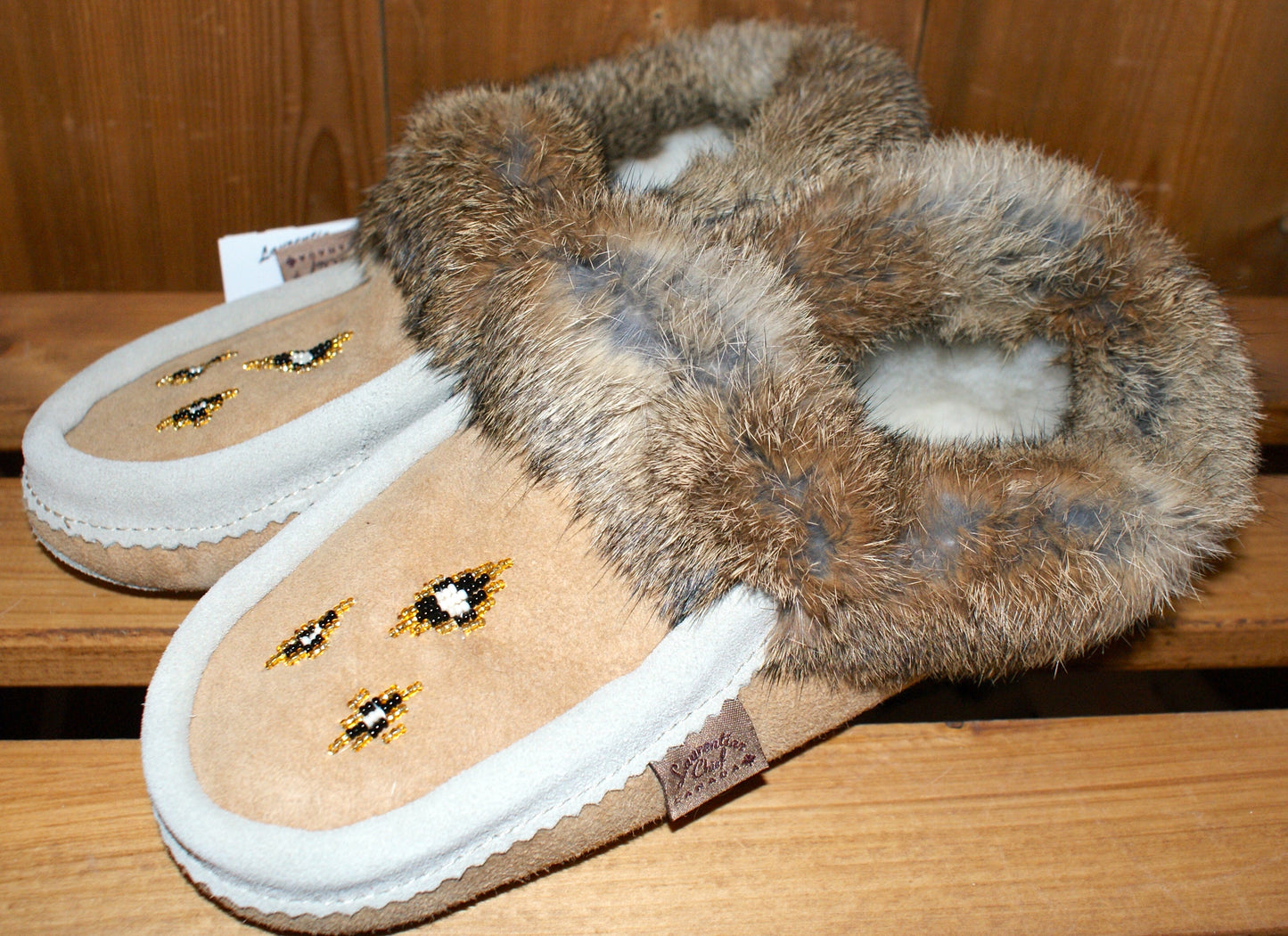 Sheepskin Slippers with Rabbit Fur Trim-Natural