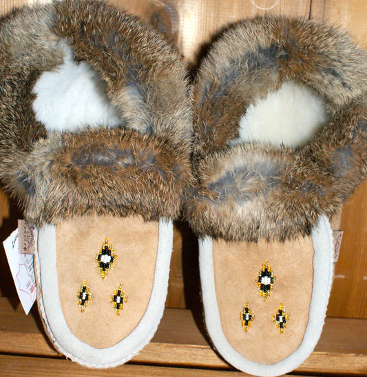 Sheepskin Slippers with Rabbit Fur Trim-Natural