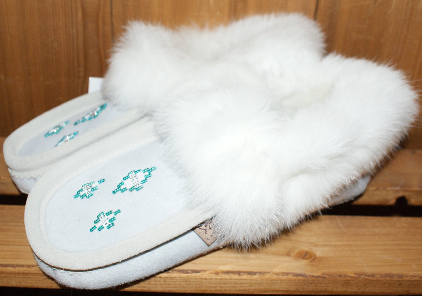 Sheepskin Slippers with Rabbit Fur Trim-White