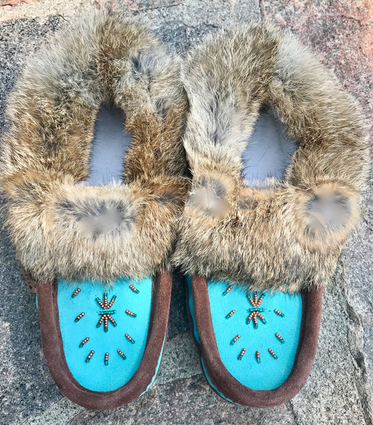 2-Tone Classic Fur Moccasins-Chocolate/Turquoise